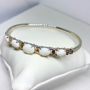 White Opal 925 Sterling Silver Oval Cabochon Bangle Natural Gemstone Bracelet